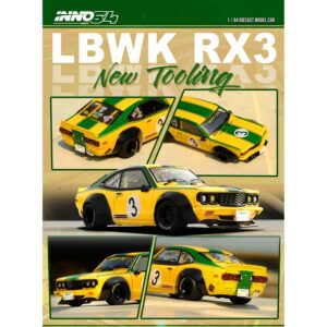 Mazda RX-3 Liberty Walk RHD (Right Hand Drive) #3 “Savanna” Yellow with Green Stripes 1/64 Diecast Model Car by Inno Models