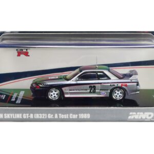 Nissan Skyline GT-R (R32) RHD (Right Hand Drive) #23 Silver Metallic with Black Graphics “Gr. A Test Car” (1989) 1/64 Diecast Model Car by Inno Models