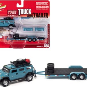 2004 Hummer H2 Ocean Blue with Open Trailer Limited Edition to 6012 pieces Worldwide “Truck and Trailer” Series 1/64 Diecast Model Car by Johnny Lightning