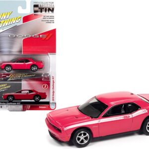 2010 Dodge Challenger R/T Furious Fuchsia Pink with White Stripes and Collector Tin Limited Edition to 5036 pieces Worldwide 1/64 Diecast Model Car by Johnny Lightning