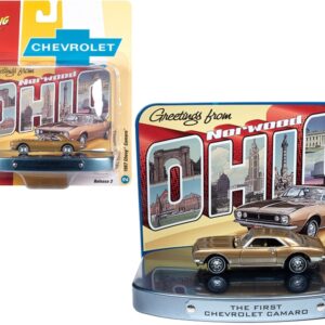 1967 Chevrolet Camaro Gold with Gold Interior with Collectible Tin Display “The First Chevrolet Camaro” “Greetings from Norwood – Birth Place of the Camaro” 1/64 Diecast Model Car by Johnny Lightning