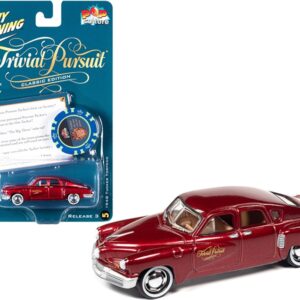 1948 Tucker Torpedo Red Maroon Metallic “Tucker: The Man and His Dream” (1988) Movie with Poker Chip (Collector Token) and Game Card “Trivial Pursuit” “Pop Culture” Series 3 1/64 Diecast Model Car by Johnny Lightning