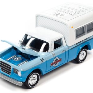 1960 Studebaker Pickup Truck Light Blue and Blue Two-Tone with Camper “Water Works” with Game Token “Monopoly” “Pop Culture” 2023 Release 2 1/64 Diecast Model Car by Johnny Lightning