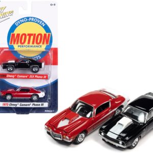 1969 Chevrolet Camaro ZLX Phase III Black with White Stripes and 1973 Chevrolet Camaro Phase III Medium Red and White “Baldwin Motion” Set of 2 Cars 1/64 Diecast Model Cars by Johnny Lightning