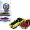 1972 Ford Mustang Convertible Bright Lime Green with Black Hood and Stripes and 1972 Chevrolet Chevelle SS Heavy Chevy Orange Flame Metallic with Black Stripes “Class of 1972” Set of 2 Cars 1/64 Diecast Model Cars by Johnny Lightning