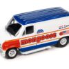 1965 Volkswagen Type 2 Transporter Van White w/ Red Top “Schwinn” & 1976 Ford Econoline Van White with Red & Blue Graphics “Mongoose USA Factory Team” “BMX Freestyle” Set of 2 Cars “2-Packs” 2023 Release 2 1/64 Diecast Model Cars by Johnny Lightning