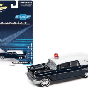 1957 Chevrolet Hearse Metisse Blue Metallic with White Top 1/64 Diecast Model Car by Johnny Lightning