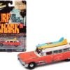 1959 Cadillac Ambulance Red with White Top “Malibu Beach Rescue” (Weathered) with Surfboards on Roof “Surf Shark” “Street Freaks” Series 1/64 Diecast Model Car by Johnny Lightning