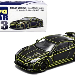 Nissan GT-R (R35) RHD (Right Hand Drive) Smart Night Livery Black with Yellow Stripes “1st Special Edition” 1/64 Diecast Model Car by Era Car