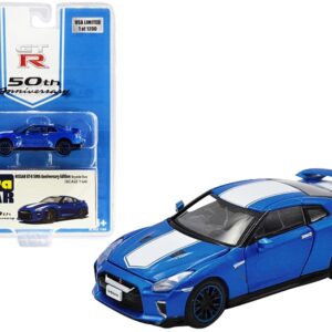 Nissan GT-R RHD (Right Hand Drive) Bayside Blue with White Stripe “50th Anniversary Edition” Limited Edition to 1200 pieces 1/64 Diecast Model Car by Era Car