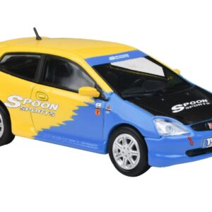 2001 Honda Civic Type R EP3 Blue and Yellow with Black Hood “Spoon Sports” 1/64 Diecast Model Car by Paragon Models