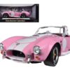 1965 Shelby Cobra 427 S/C Pink with White Stripes with Printed Carroll Shelby Signature’s on the Trunk 1/18 Diecast Model Car by Shelby Collectibles