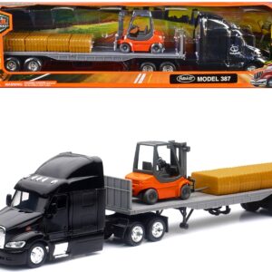 Peterbilt 387 Truck with Flatbed Trailer Black with Forklift and Hay Bales “Long Haul Trucker” Series 1/43 Diecast Model by New Ray