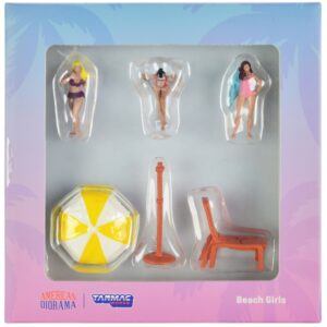 “Beach Girls” 5 piece Diecast Figure Set (3 Female Figures and 2 Beach Accessories) for 1/64 Scale Models by Tarmac Works & American Diorama