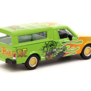 Volkswagen Caddy Pickup Truck with Camper Shell Green with Flames and Graphics “Rat Fink” “Collab64” Series 1/64 Diecast Model Car by Schuco & Tarmac Works